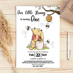 Winnie the pooh birthday invitation, little hunny birthday invite, first birthday invitation, baby birthday invite, Canva Editable