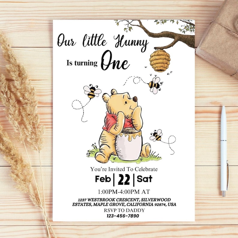 Winnie the pooh birthday invitation, little hunny birthday invite, first birthday invitation, baby birthday invite, Canva Editable
