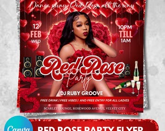 Flyer editável de Dia dos Namorados, Flyer de Rosa Vermelha de Dia dos Namorados, Flyer de clube, Flyer de festa, Flyer de celebração, Flyer de boate, Evento de festa, Canva editável
