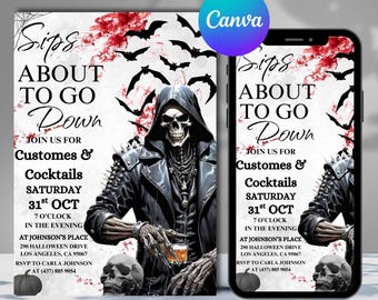 May include: Halloween-themed invitation with the text "Sips About to Go Down." The design features a skeletal figure, bats, and pumpkins. The invitation is displayed on a phone and a flyer.