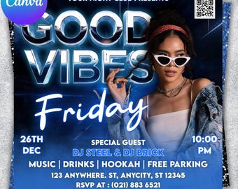 Good Vibes Friday-feestflyers, PSD-flyers, nachtclubflyersjablonen, DJ- of muziekclubevenementen voor sociale media, bewerkbaar op canva