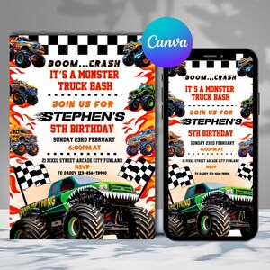 Op de afbeelding: Een uitnodiging voor een verjaardagsfeestje met een monstertruckthema. De uitnodiging bevat de tekst "BOOM...CRASH IT'S A MONSTER TRUCK BASH" en "JOIN US FOR STEPHEN'S 5TH BIRTHDAY". Het ontwerp bevat monstertrucks en geblokte vlaggen.