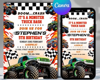 Monster Truck Birthday Invitation, Boom Crash It&#39;s A Monster Truck Bash! birthday boy, Boy Monster Truck Invitation, Canva Editable