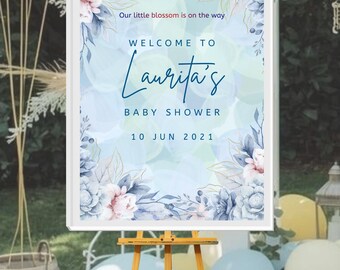 Dusty Blue Floral Baby Shower Welcome Sign & Invitation Template Editable