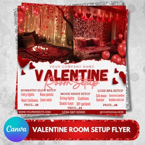 DIY Room Setup Valentines Booking Flyer, Valentines DayFlyer, Party Rentals Flyer, EventSupplies Flyer, Valentine Room SetUp, Canva Editable