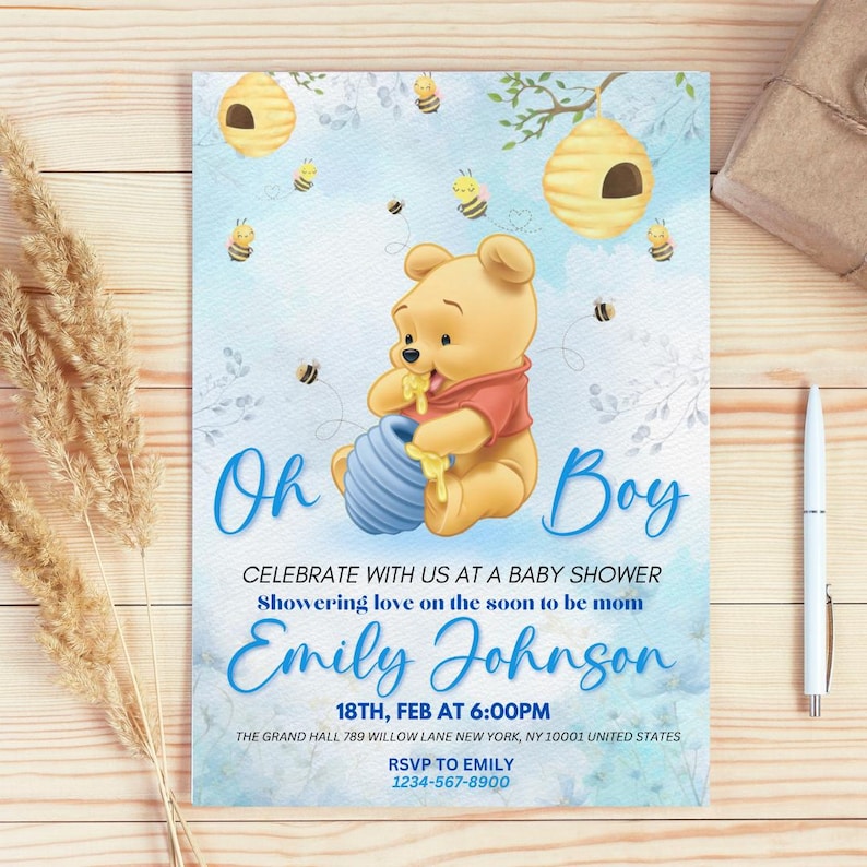 Editable Winnie the Pooh Baby Shower Invitation, Digital Invitation Oh Boy, Blue Winnie The Pooh Invitation, Canva Editable