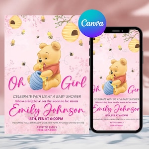 Winnie the Pooh Invitation, Winnie the Pooh Birthday Invitation, Winnie the Pooh Party Invitation, Winnie the Pooh Canva Editable Invitation
