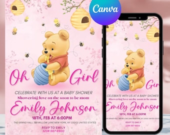 Winnie the Pooh Baby Shower Invitation, Editable Canva Template (Digital Download)