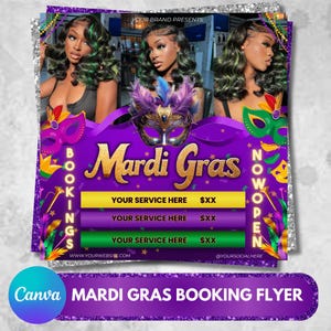 Könnte beinhalten: Ein lila-grüner Flyer zum Thema Mardi Gras mit zwei Frauen mit grünem Haar. Der Flyer lautet "BOOKINGS NOW OPEN" und "YOUR BRAND PRESENTS Mardi Gras". Er enthält auch drei Zeilen für Dienstleistungen mit Preisen. Der Flyer lautet "WWW.YOURWEBSITE.COM" und "@YOURSOCIALHERE".
