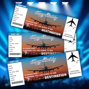 May include: Three custom boarding pass tickets with a sunset background and airplane silhouettes. Each ticket reads "Happy Birthday" and "Surprise! You are going to see DESTINATION." The tickets include the name "ALEXA" and the date "15-AUG-2025".