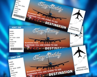 Editable Birthday Surprise Boarding Pass Template, Printable Airline Ticket (Canva Template, Instant Download)