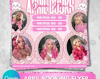 April-Buchungsflyer, Frühlings-Buchungsflyer, Osterflieger, April-Haar, Frühlingsbücher offen, April-Wimpernnägel, Zopf-Perücke-Flyer, Canva Bearbeitbar