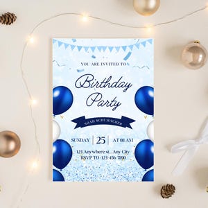 Balloon Birthday Invitation, Birthday Invitation, Balloon Party Invite Template, watercolor rainbow invitation, Party Invite, Canva Editable