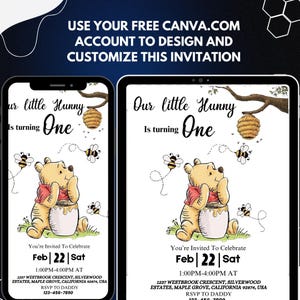 Winnie the pooh birthday invitation, little hunny birthday invite, first birthday invitation, baby birthday invite, Canva Editable