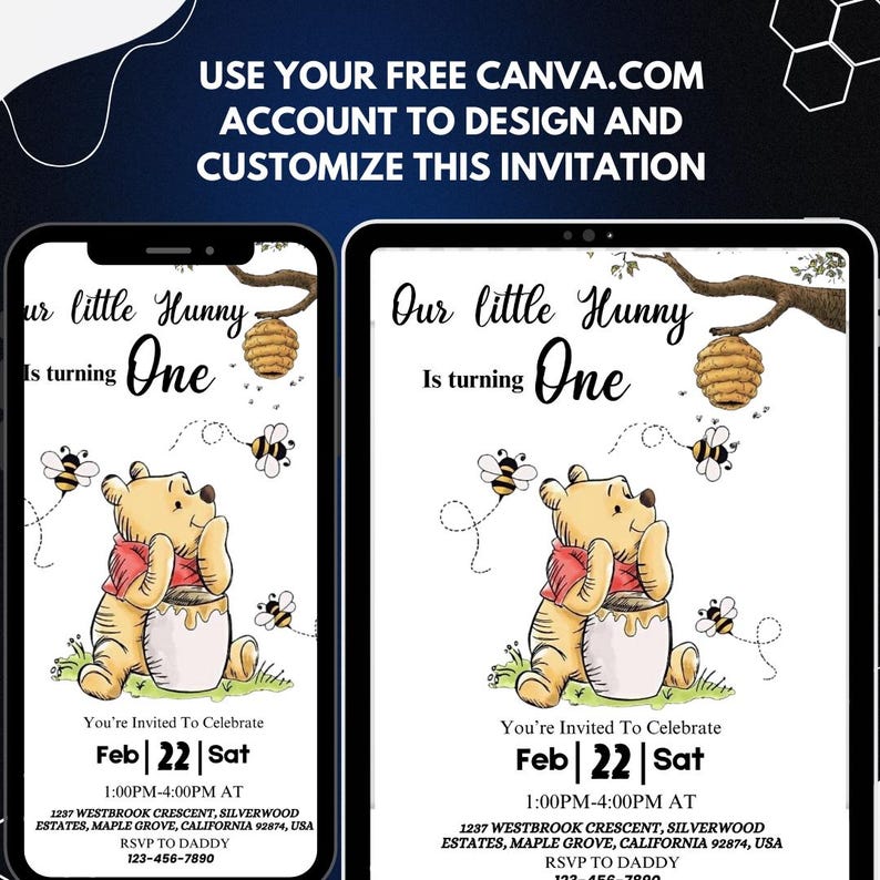 Winnie the pooh birthday invitation, little hunny birthday invite, first birthday invitation, baby birthday invite, Canva Editable