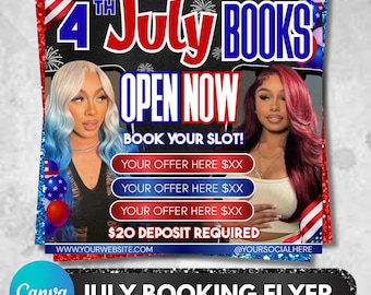 Folleto de reservas de belleza para el 4 de julio, diseño DIY en Canva (descarga digital)