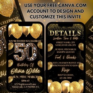 Digital 50th Birthday Invitation, Animated Dinner Party Evite, Rose Gold Fifty Invite For Women, Self Editable Itinerary eCard For Her