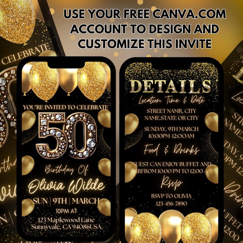 Digital 50th Birthday Invitation, Animated Dinner Party Evite, Rose Gold Fifty Invite For Women, Self Editable Itinerary eCard For Her