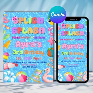 Editable Splish Splash Birthday Invitation Pool Party Birthday Invitation Girly Splash Pad Water Slide Paddling Pool Summer Party