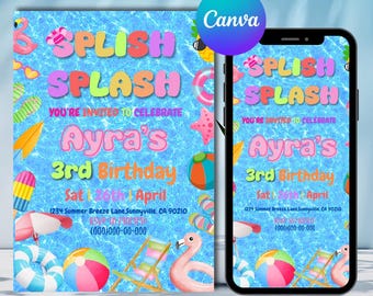 Editable Splish Splash Birthday Invitation, Pool Party (Digital Download)