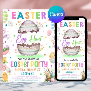 May include: A colorful Easter party invitation with a cracked egg and the text "Easter Egg Hunt" and "You are invited to Easter Party".