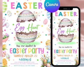 Easter Egg Hunt Invitation, Easter Party Invite, Editable Canva (Digital)