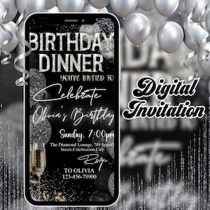 May include: A digital invitation for a birthday dinner. The invitation is designed to look like a smartphone screen with a black background and silver glitter accents. The text on the invitation reads "Birthday Dinner", "You're Invited To Celebrate Olivia's Birthday", "Sunday, 7:00pm", "The Diamond Lounge, 789 Spark Street, Celebration City", "RSVP", "To Olivia", and "123-456-78900".