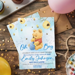 Editable Winnie the Pooh Baby Shower Invitation, Digital Invitation Oh Boy, Blue Winnie The Pooh Invitation, Canva Editable