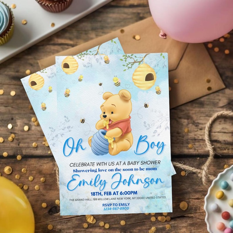 Editable Winnie the Pooh Baby Shower Invitation, Digital Invitation Oh Boy, Blue Winnie The Pooh Invitation, Canva Editable
