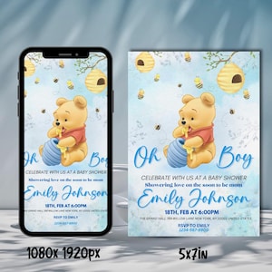 Editable Winnie the Pooh Baby Shower Invitation, Digital Invitation Oh Boy, Blue Winnie The Pooh Invitation, Canva Editable