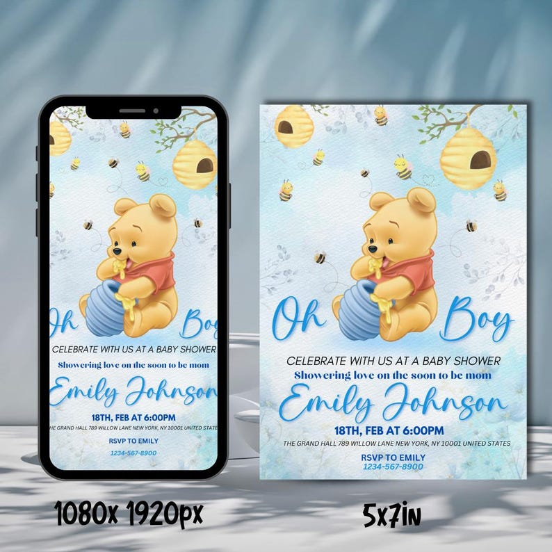 Editable Winnie the Pooh Baby Shower Invitation, Digital Invitation Oh Boy, Blue Winnie The Pooh Invitation, Canva Editable