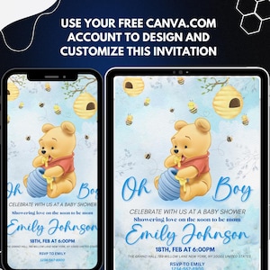 Editable Winnie the Pooh Baby Shower Invitation, Digital Invitation Oh Boy, Blue Winnie The Pooh Invitation, Canva Editable