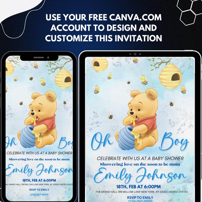 Editable Winnie the Pooh Baby Shower Invitation, Digital Invitation Oh Boy, Blue Winnie The Pooh Invitation, Canva Editable
