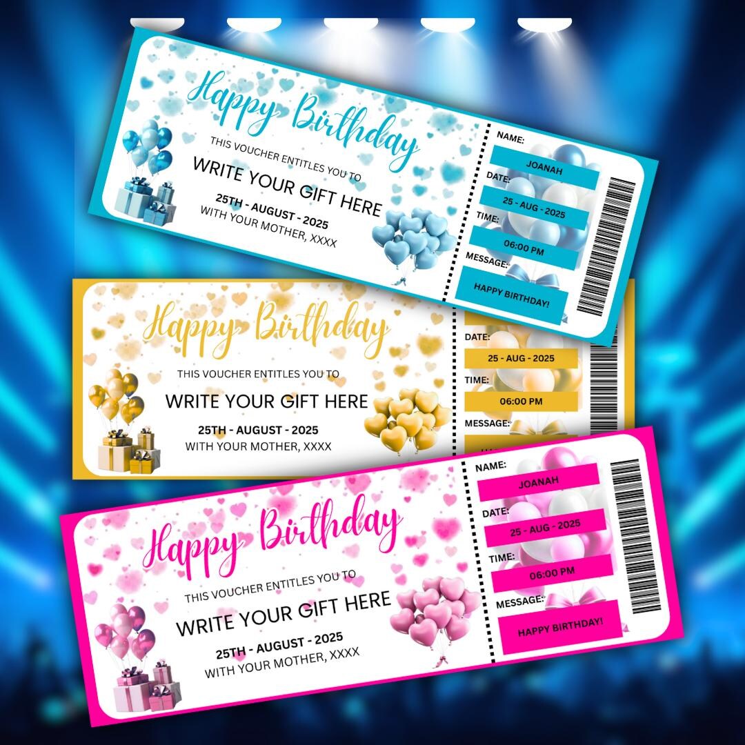 Editable Happy Birthday Ticket, Birthday Gift Voucher Print at Home ...
