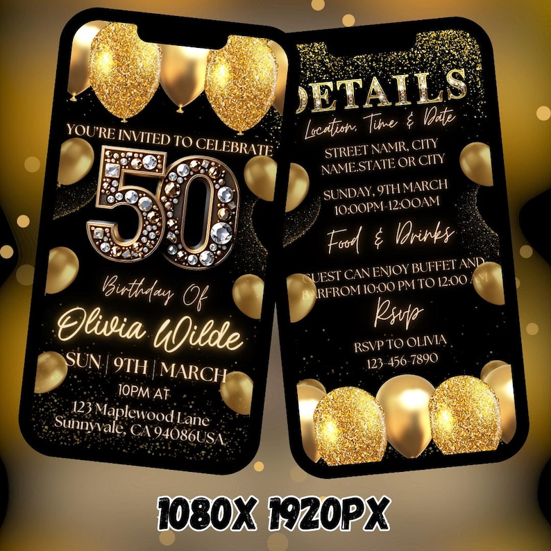 Digital 50th Birthday Invitation, Animated Dinner Party Evite, Rose Gold Fifty Invite For Women, Self Editable Itinerary eCard For Her