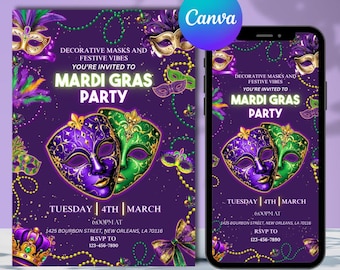 Mardi Gras Birthday invitation digital Masquerade Birthday Party Invite Mardi Gras Party Invitation Mardi Gras Digital Invite SMS invitation