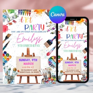 Editable Art Birthday Party Invitation, Art in Party Birthday Party Invite, Art Painting Artist Birthday, Party Invitation, Canva Editable