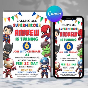 Bewerkbare superhelden verjaardagsuitnodiging sjabloon afdrukbare verjaardagsuitnodiging sjabloon kinderfeest uitnodiging superheld verjaardagskaart sh1