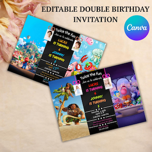 Editable Sibling Birthday Invitation, Double Birthday Invite, Dual Combined Twins, Boy and Girl Double Invite, Editable with Canva