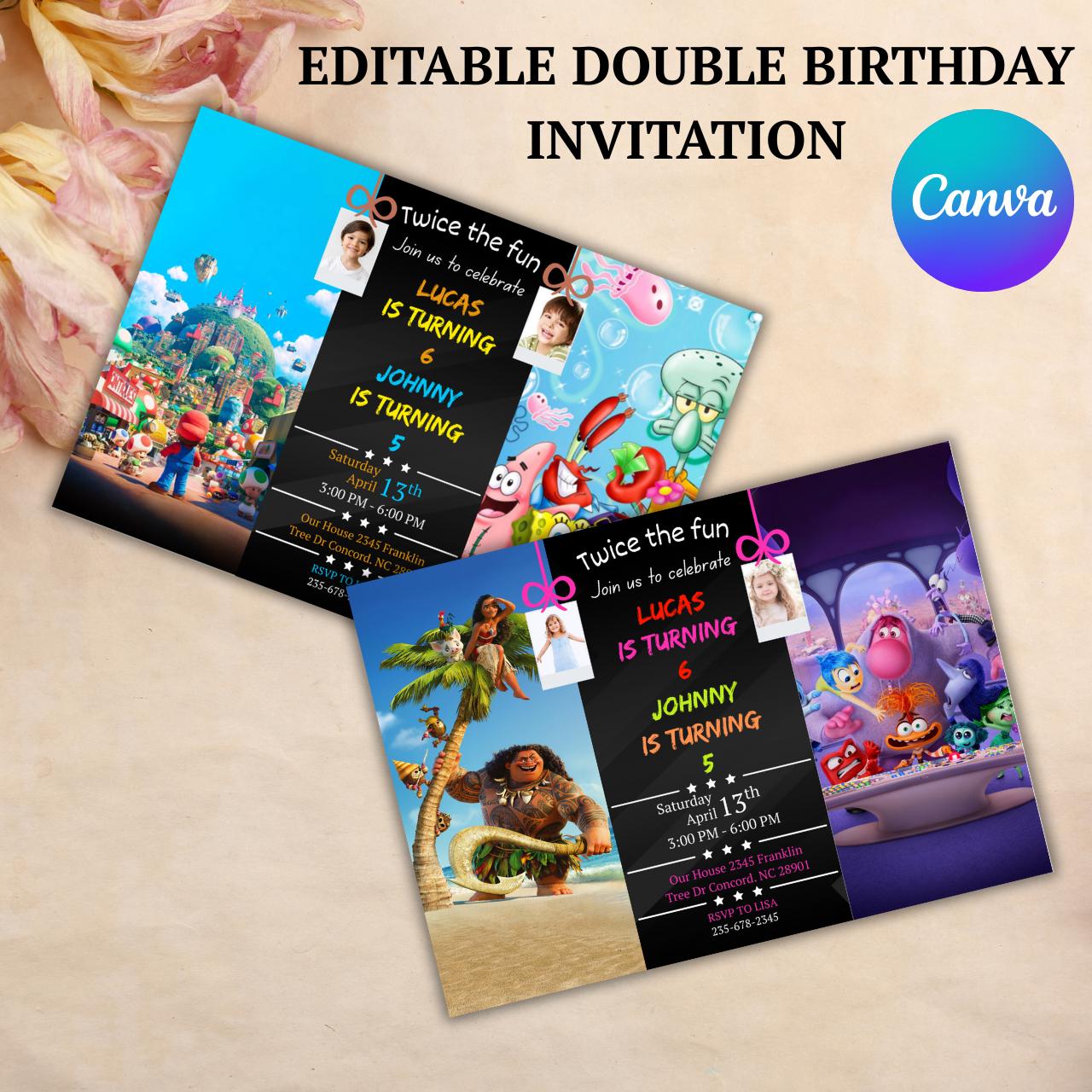 Editable Sibling Birthday Invitation, Double Birthday Invite, Dual Combined Twins, Boy and Girl Double Invite, Editable with Canva