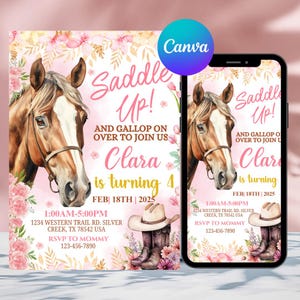 Cowgirl Geburtstagseinladung Vorlage, Cowgirl Pferd Geburtstag einladen, aufladen einladen Mädchen Pferd Geburtstag einladen, rosa Blumengeburtstag einladen