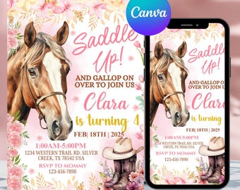 Cowgirl Horse Birthday Invitation Template, Pink Floral (Digital Download)