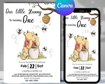 Winnie the pooh birthday invitation, little hunny birthday invite, first birthday invitation, baby birthday invite, Canva Editable