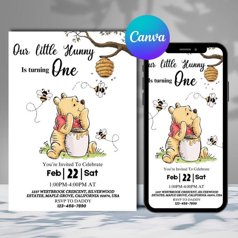 Winnie the pooh birthday invitation, little hunny birthday invite, first birthday invitation, baby birthday invite, Canva Editable