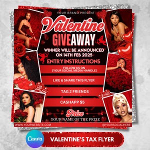 May include: A Valentine's Day giveaway flyer with a red and black background. The flyer features a red heart with a cupid's arrow, and the text "Valentine Giveaway". The flyer also includes the text "Winner will be announced on 14th Feb 2025" and "Entry Instructions".