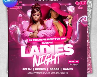 Puede incluir: Un folleto promocional para un evento de Ladies Night. El diseño presenta a dos mujeres con atuendos rosas, con las palabras "LADIES NIGHT" en letras blancas grandes. El folleto también incluye "LIVE DJ | DRINKS | FOODS | GAMES" y detalles del evento.