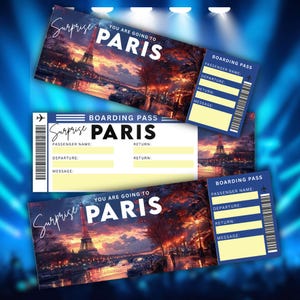 Paris, France Trip Surprise Gift Ticket - You&#39;re Going to PARIS - Printable, Flight, Boarding Pass, Editable, Instant Download, Travel Print