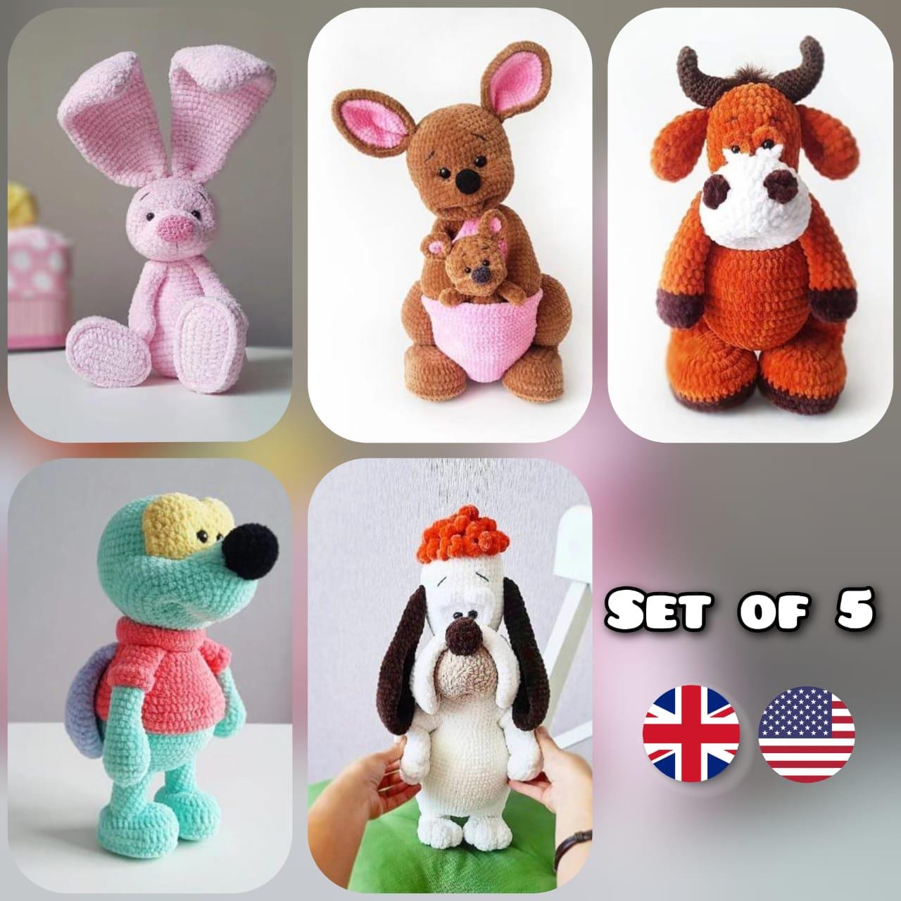 SET of 5 Crochet Patterns / Amigurumi Tutorial PDF files Eng