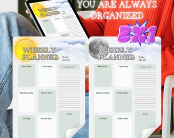 Weekly planner 2025, simple day and night digital design, printable A4