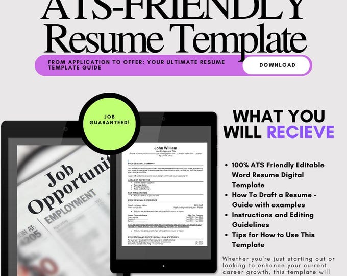 ATS Friendly Resume Template: Professional CV Design (digital Download ...
